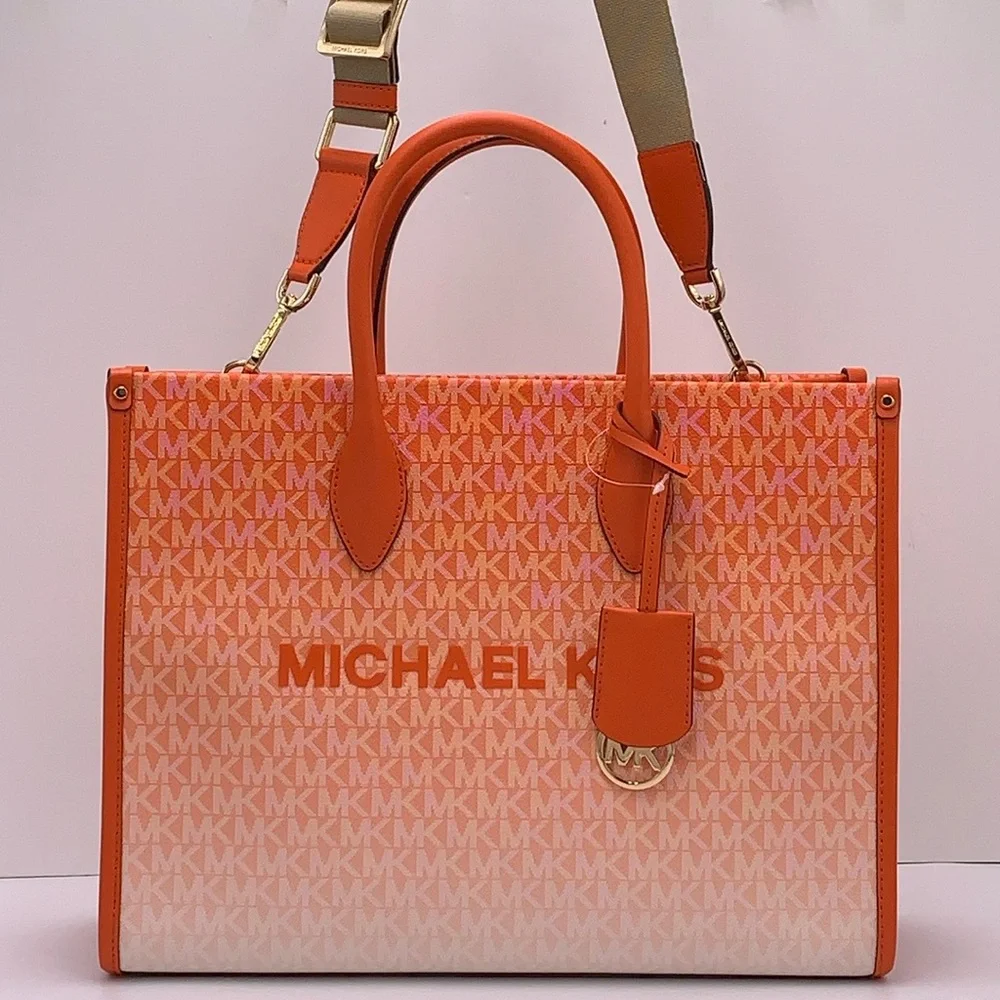 Michael Kors Mirella Medium Ombré Logo Tote Bag Poppy  NWT